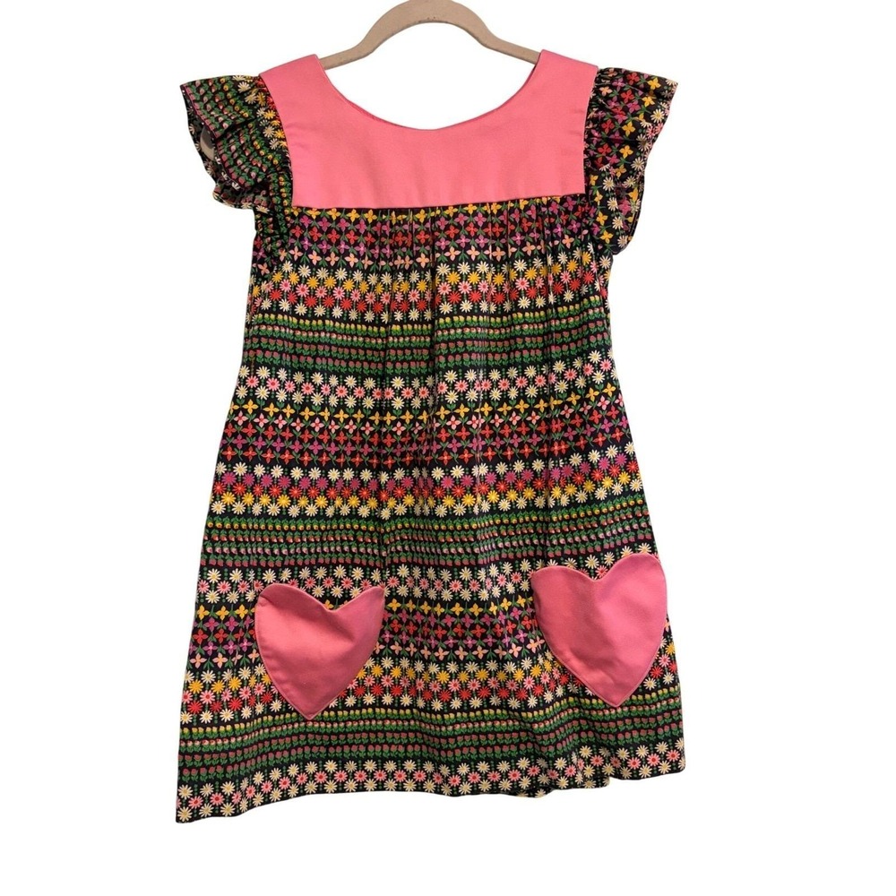Handmade‎ Floral Stripe Dress with Pink Heart Pockets and Flutter Sleeves